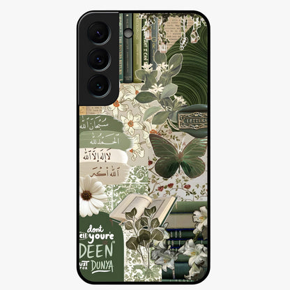 Green Islamic Books Quotes Glass Case showing flat back view with Islamic quotes and book themed artwork and glossy glass finish.