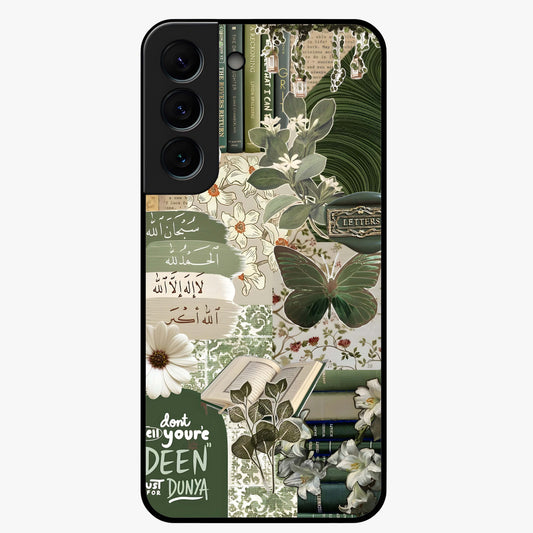 Green Islamic Books Quotes Glass Case showing flat back view with Islamic quotes and book themed artwork and glossy glass finish.