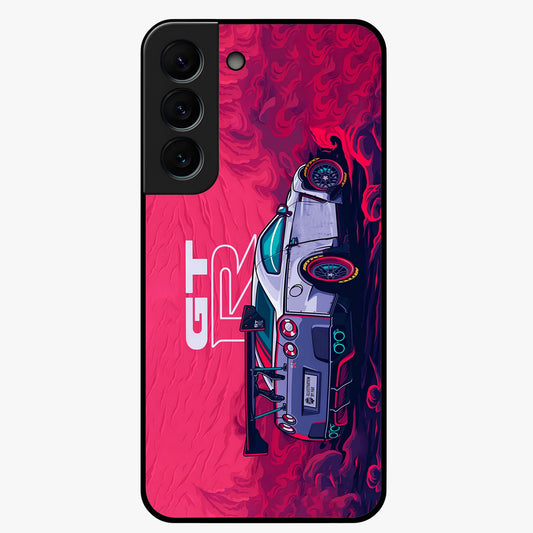 GT-R Car Pattern Glass Case showing flat back view with sporty car inspired pattern artwork and glossy glass finish.