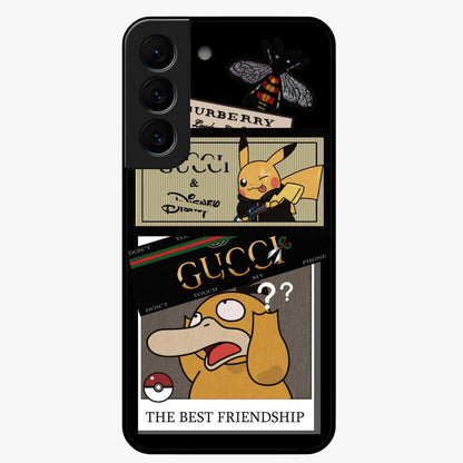 Gucci Play Mashup Glass Case showing flat back view with luxury inspired graphic artwork and glossy glass finish.