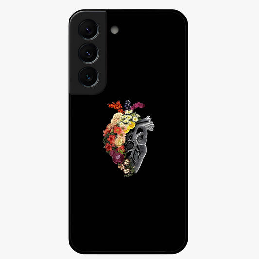 Heart With Flowers Glass Case showing flat back view with heart shaped floral artwork and glossy glass finish.