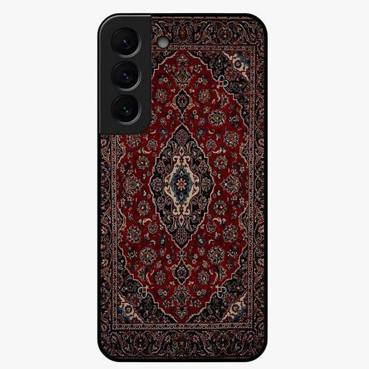 Heritage Carpet Royale Glass Case showing flat back view with ornate Persian carpet inspired pattern and glossy glass finish.