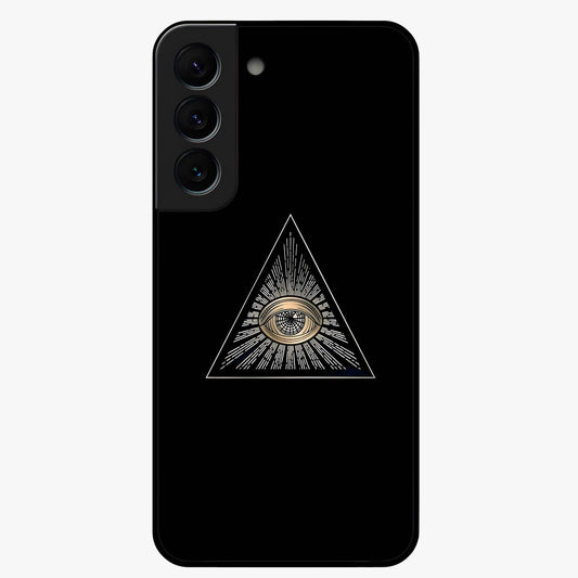Illuminati Evil Glass Case showing flat back view with mysterious illuminati symbol artwork and glossy glass finish.
