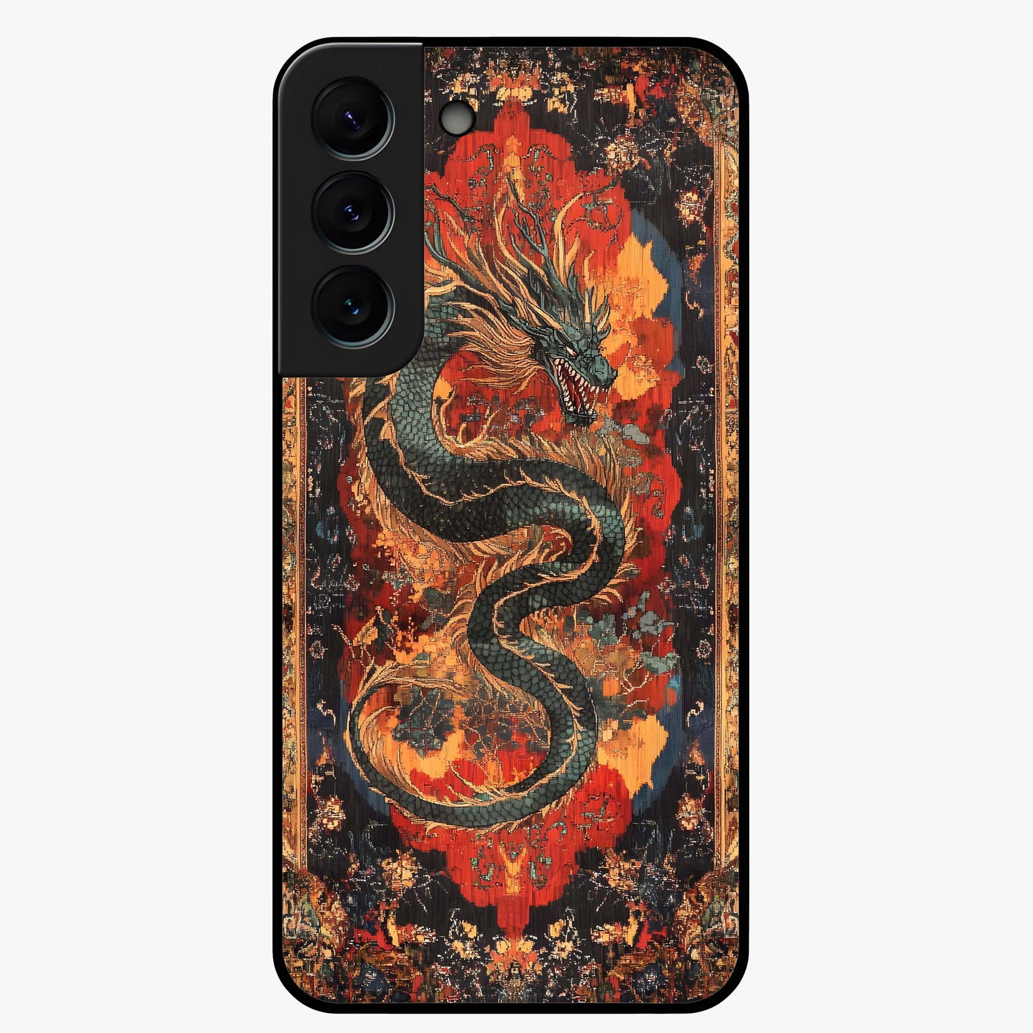 Inferno Dragon Soul Glass Case showing flat back view with fiery dragon artwork and glossy glass finish.