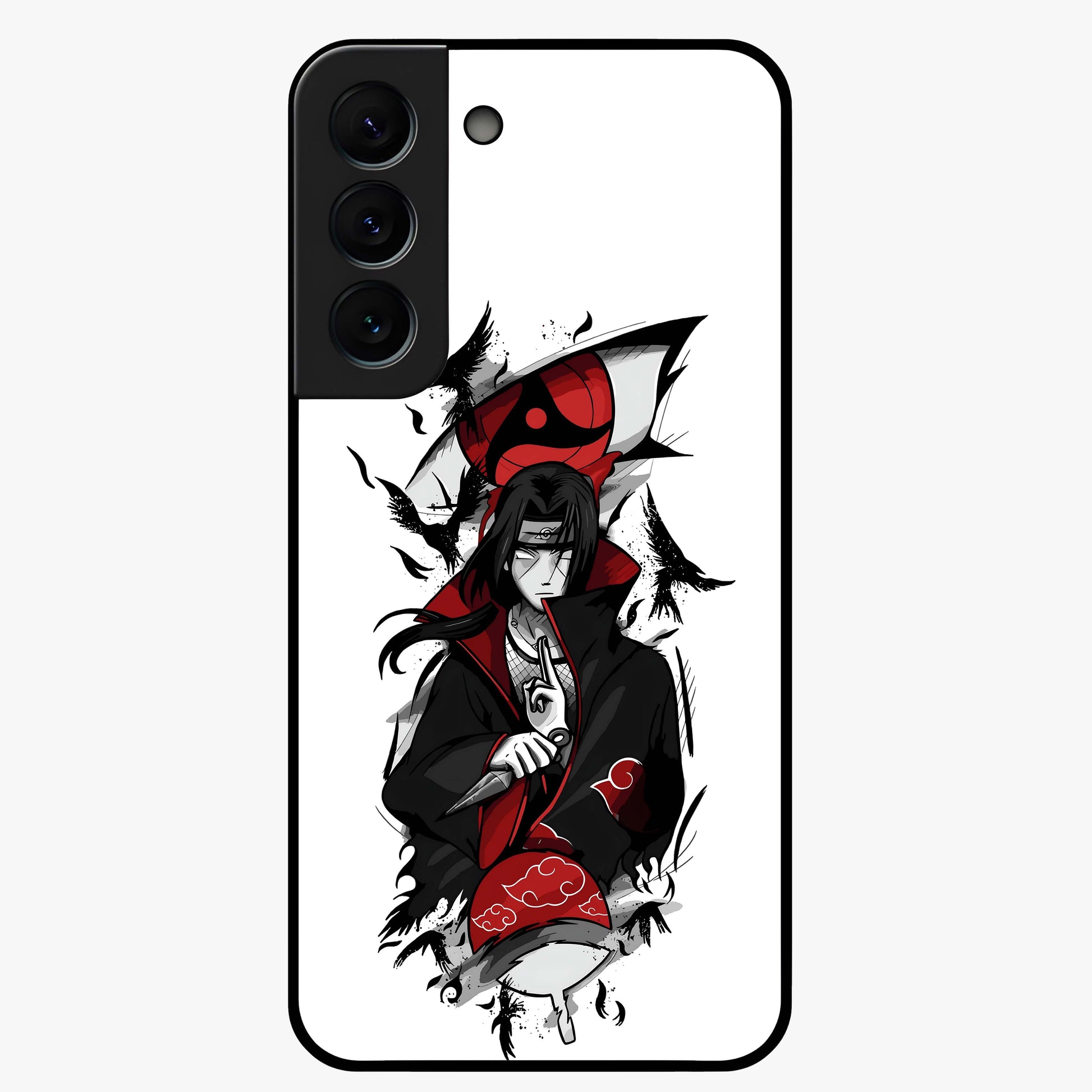 Itachi Sharingan Glass Case showing flat back view with powerful anime eye artwork and glossy glass finish.
