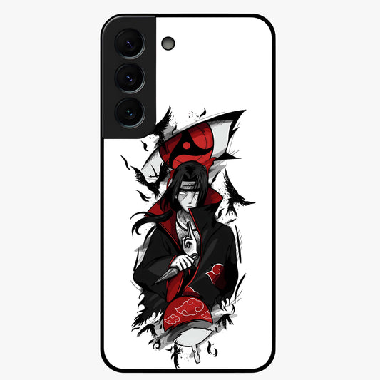 Itachi Sharingan Glass Case showing flat back view with powerful anime eye artwork and glossy glass finish.