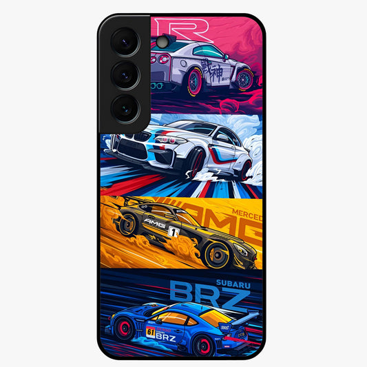JDM Sports Car Glass Case showing flat back view with high performance sports car artwork and glossy glass finish.