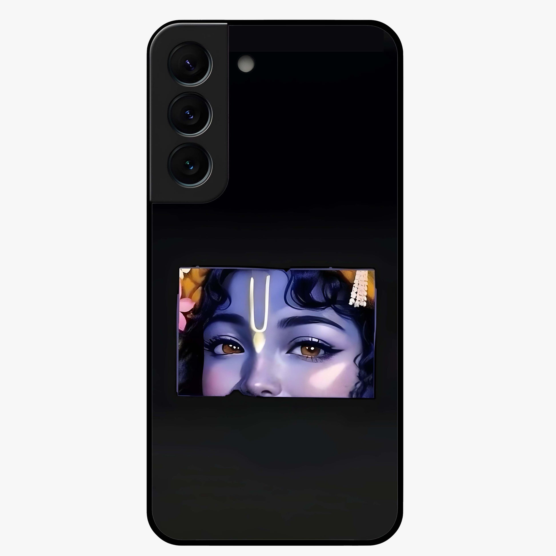 Krishna Divine Embrace Glass Case showing flat back view with Lord Krishna devotional artwork and glossy glass finish.