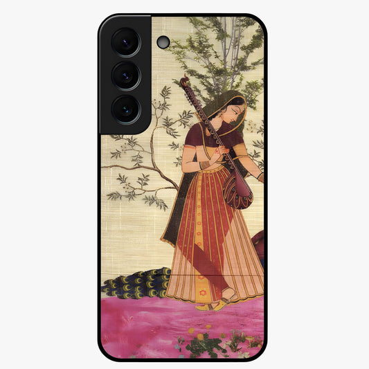 Lady With Veena Art Glass Case showing flat back view with elegant woman playing veena artwork and glossy glass finish.