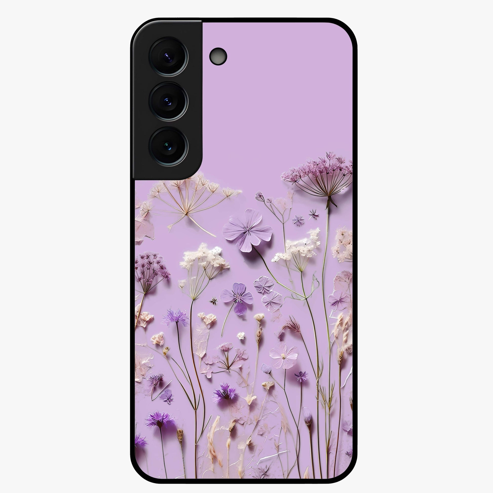Lavender Blossom Dream Glass Case showing flat back view with soft lavender floral artwork and glossy glass finish.
