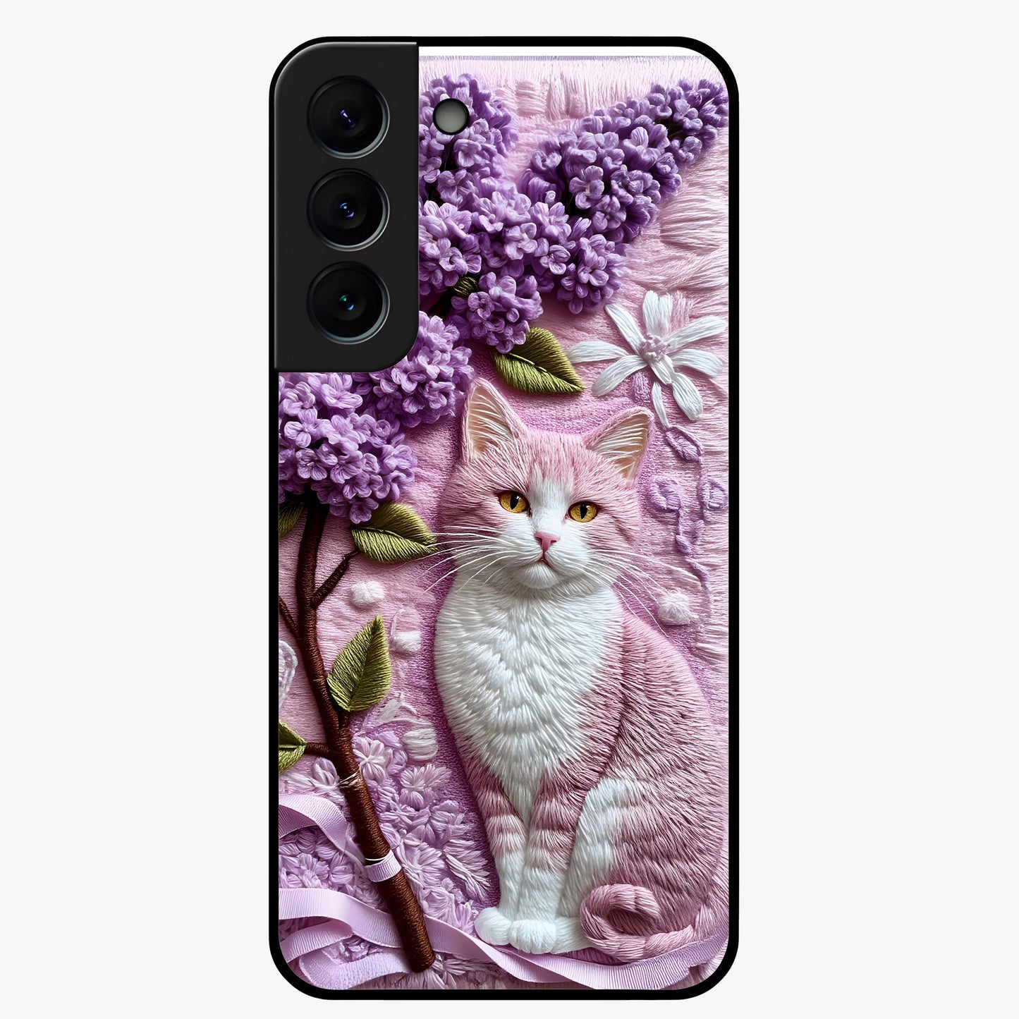 Lavender Cat Whimsy Glass Case showing flat back view with cute lavender cat artwork and glossy glass finish.