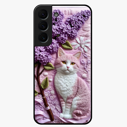 Lavender Cat Whimsy Glass Case showing flat back view with cute lavender cat artwork and glossy glass finish.