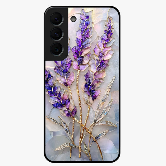 Lavender Dream Glow Glass Case showing flat back view with glowing lavender aesthetic artwork and glossy glass finish.