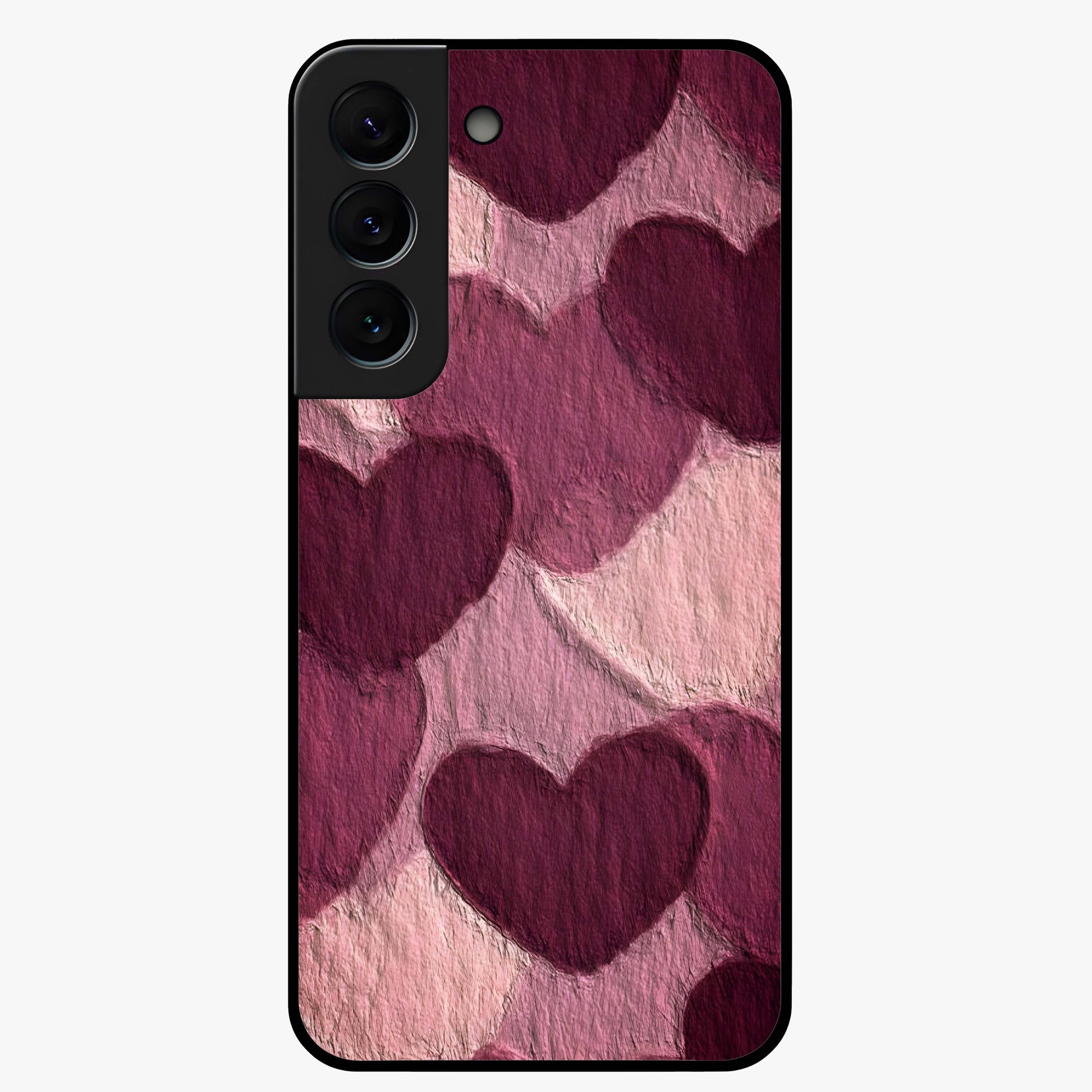 Layered Paper Hearts Glass Case showing flat back view with layered paper heart artwork and glossy glass finish.