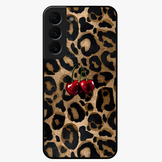 Leopard Wild Cherry Glass Case showing flat back view with leopard pattern and cherry artwork and glossy glass finish.