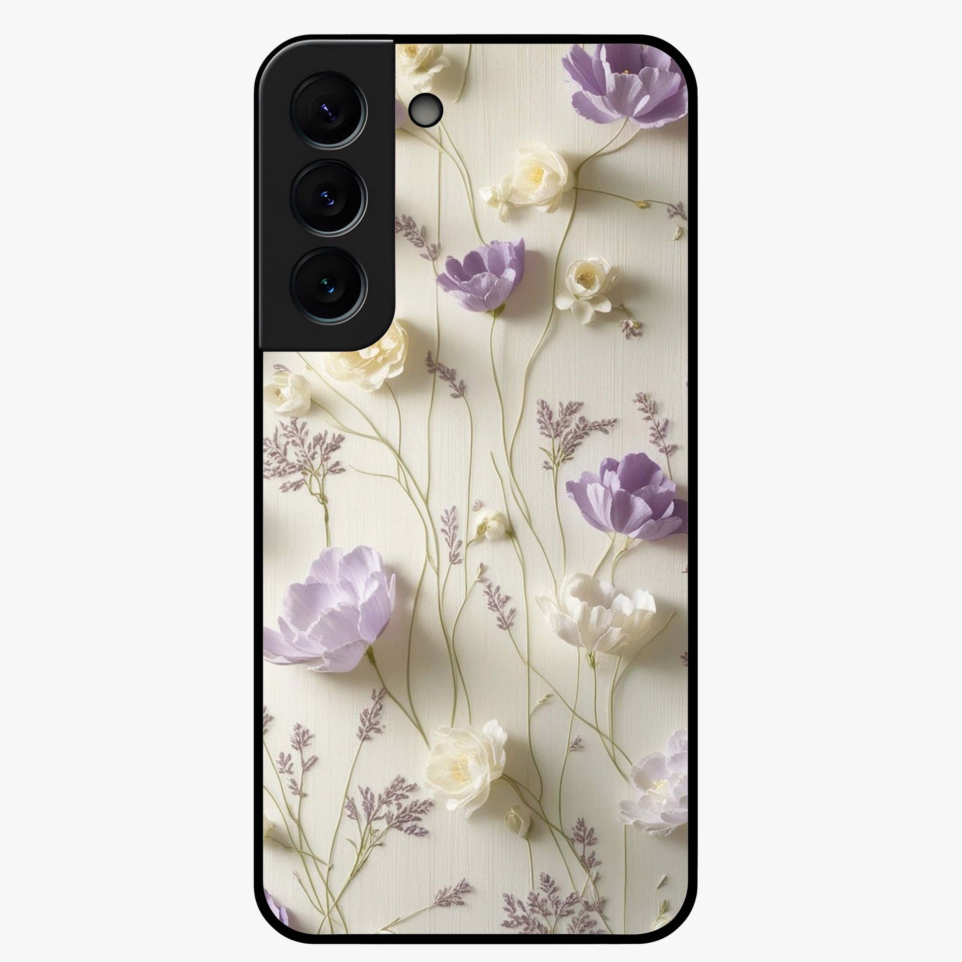 Lilac Breeze Harmony Glass Case showing flat back view with soft lilac themed artwork and glossy glass finish.