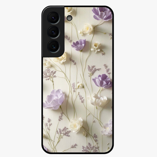 Lilac Breeze Harmony Glass Case showing flat back view with soft lilac themed artwork and glossy glass finish.