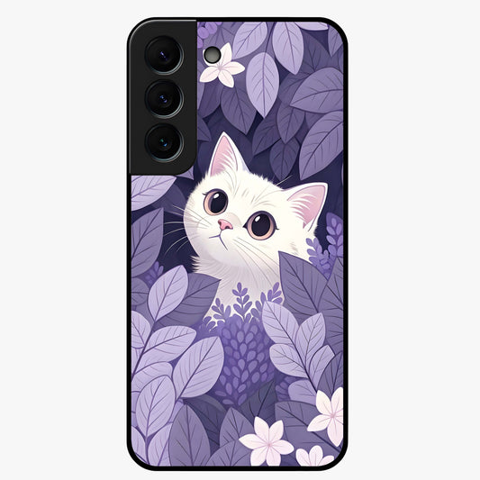 Lilac Hide Peek Cat Glass Case showing flat back view with cute peeking cat artwork and glossy glass finish.