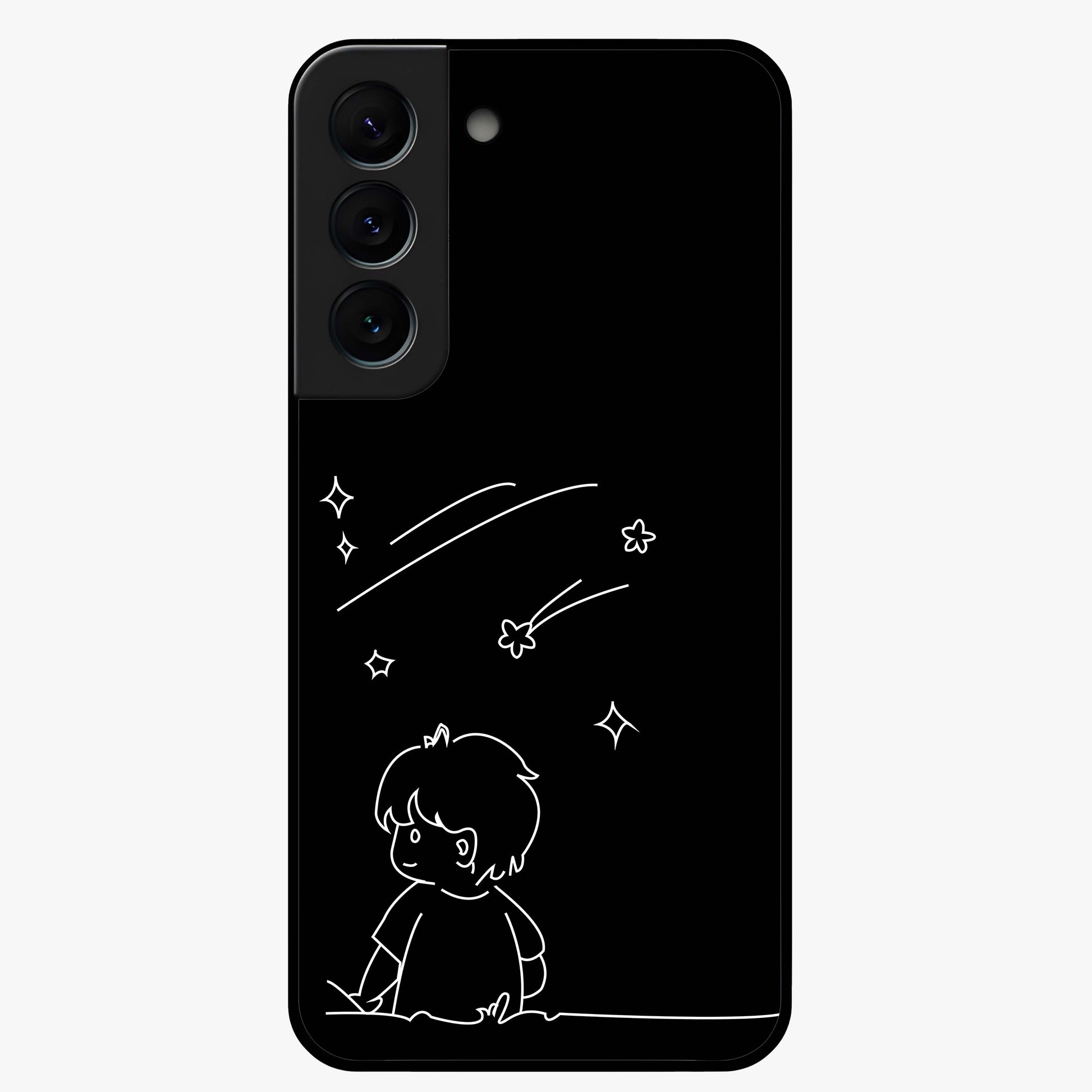 Line Art Boy With Shooting Stars Glass Case showing flat back view with minimal line art boy and shooting stars illustration and glossy glass finish.