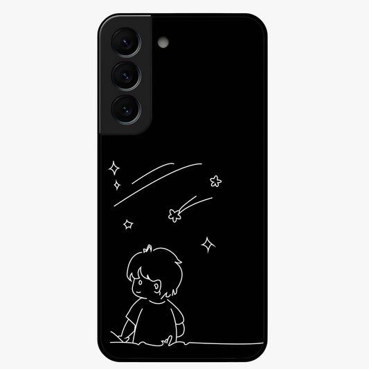 Line Art Boy With Shooting Stars Glass Case showing flat back view with minimal line art boy and shooting stars illustration and glossy glass finish.