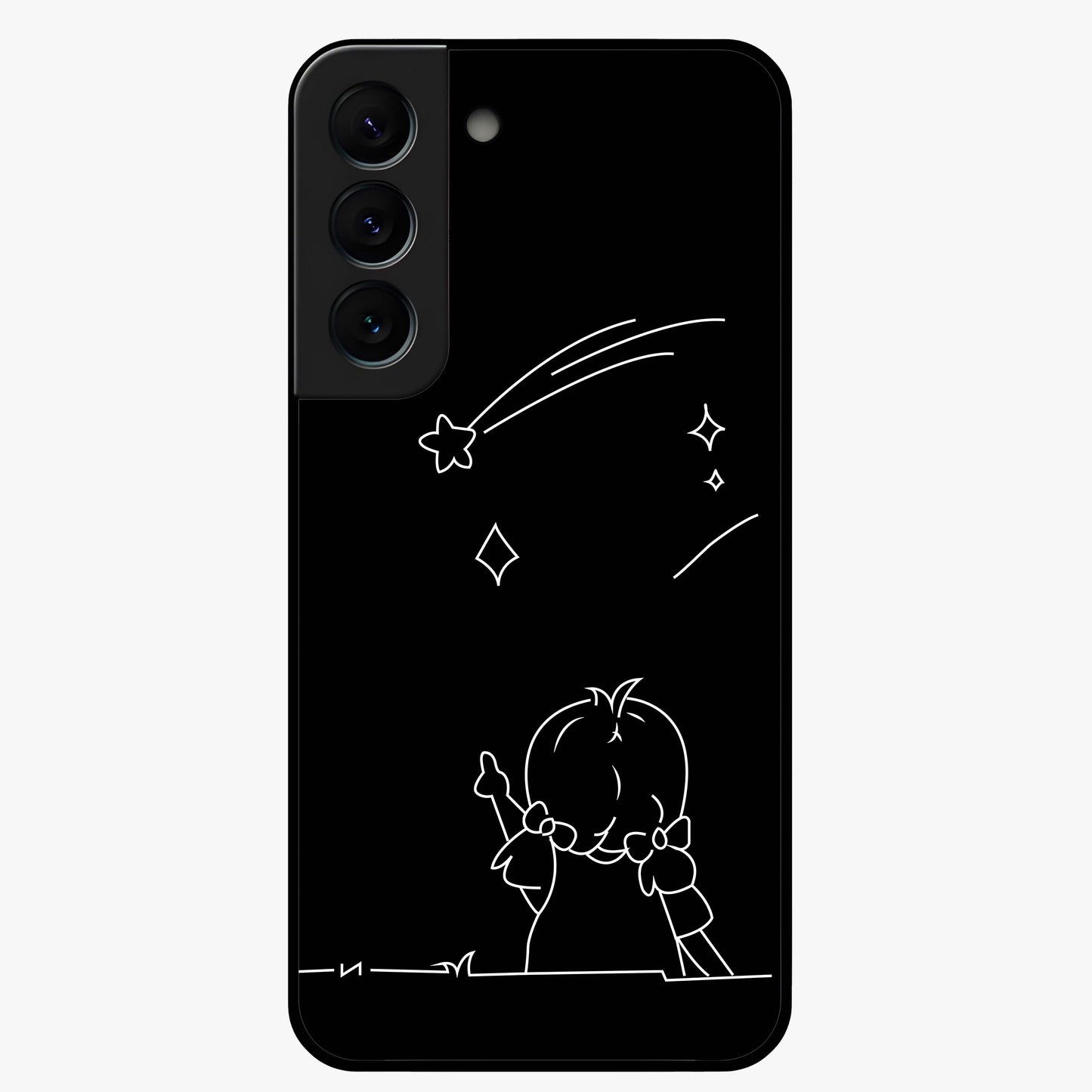 Line Art Girl With Shooting Stars Glass Case showing flat back view with minimal line art girl and shooting stars illustration and glossy glass finish.