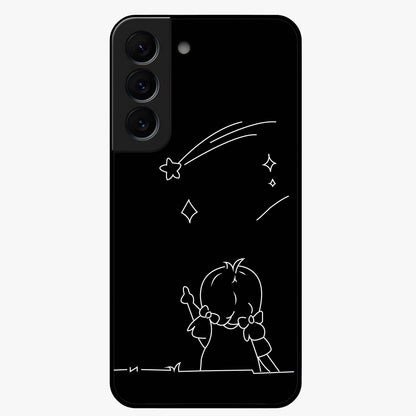 Line Art Girl With Shooting Stars Glass Case showing flat back view with minimal line art girl and shooting stars illustration and glossy glass finish.