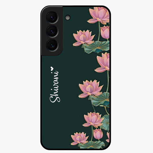 Lotus Bloom Serenity Custom Name Glass Case showing flat back view with elegant lotus flower artwork and personalized name design.