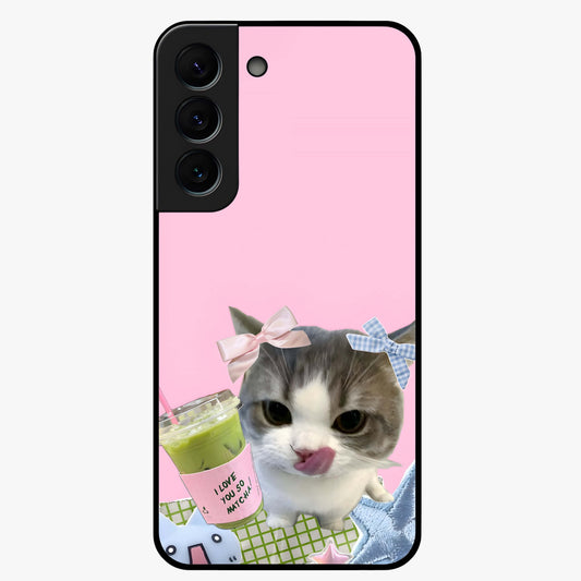 Love Matcha Cat Glass Case showing flat back view with cute cat and matcha themed artwork and glossy glass finish.