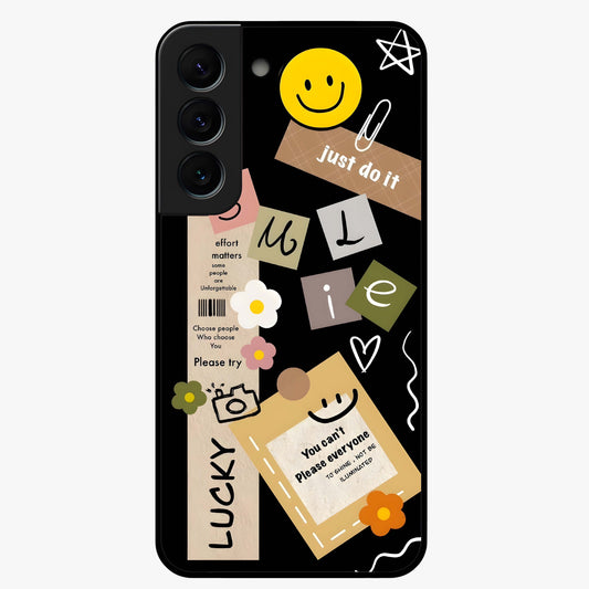 Lucky Aesthetic Collage Glass Case showing flat back view with trendy aesthetic collage artwork and glossy glass finish.