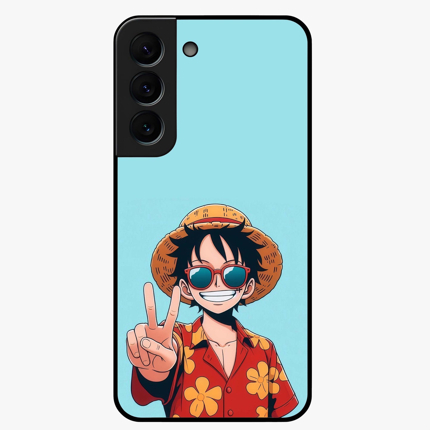 Luffy Summer Anime Vibe Glass Case showing flat back view with vibrant anime character artwork and glossy glass finish.