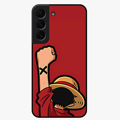 Luffy X Spirit Glass Case showing flat back view with bold anime character artwork and glossy glass finish.