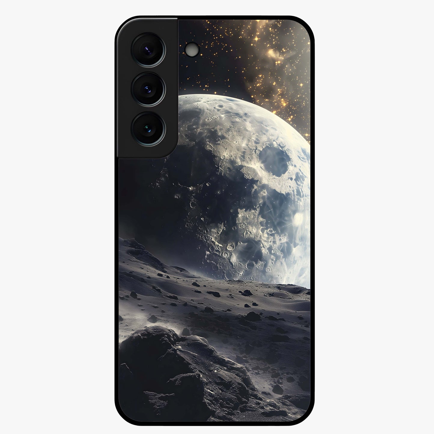 Lunar Horizon Glow Glass Case showing flat back view with glowing moon horizon artwork and glossy glass finish.