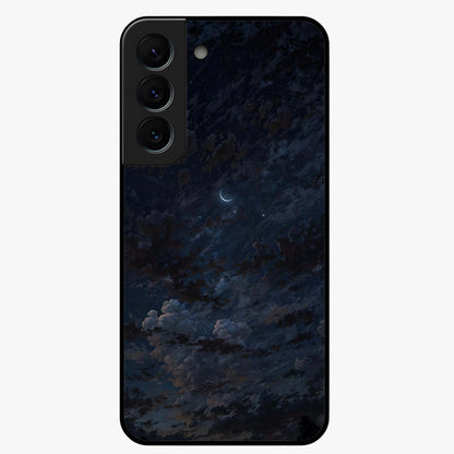 Lunar Veil Silence Glass Case showing flat back view with mystical moon veil artwork and glossy glass finish.