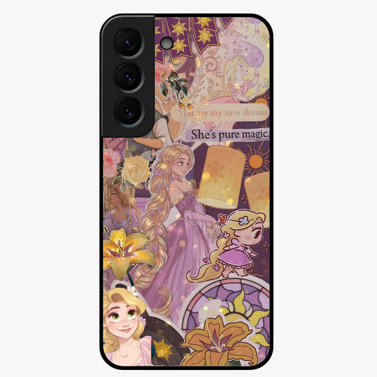 Magical Tangled Dream Glass Case showing flat back view with dreamy tangled artwork and glossy glass finish.