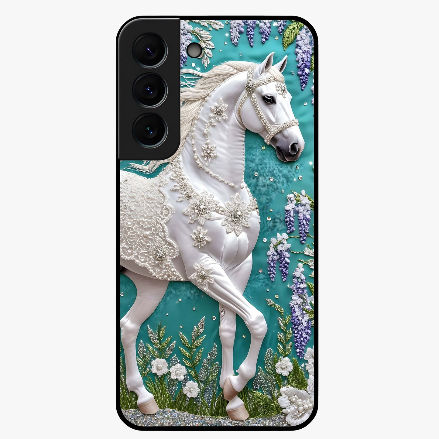 Majestic Floral Stallion Glass Case showing flat back view with powerful horse and floral artwork and glossy glass finish.