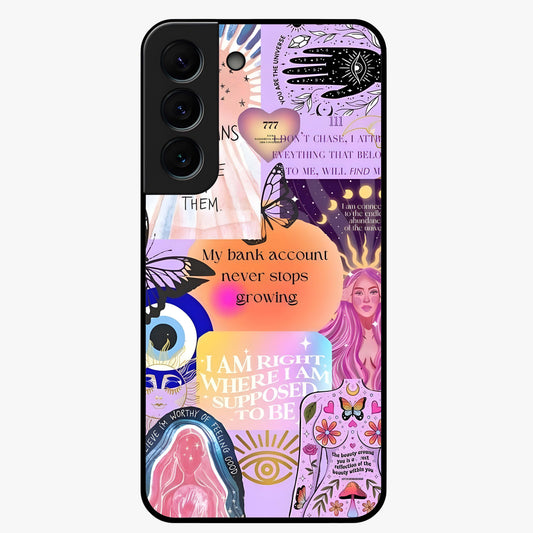 Manifestation Collage Glass Case showing flat back view with motivational collage artwork and glossy glass finish.