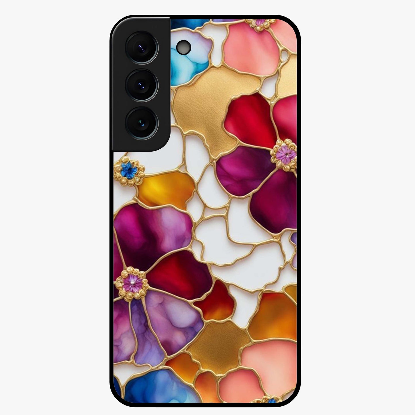 Marble Flower Pattern Glass Case showing flat back view with marble texture floral artwork and glossy glass finish.