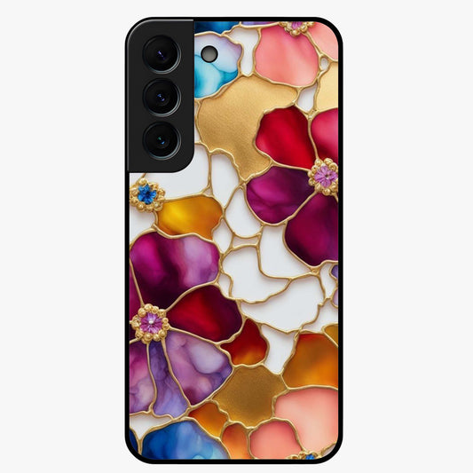 Marble Flower Pattern Glass Case showing flat back view with marble texture floral artwork and glossy glass finish.