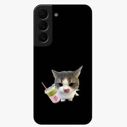 Matcha Cat Style Glass Case showing flat back view with cute matcha themed cat artwork and glossy glass finish.