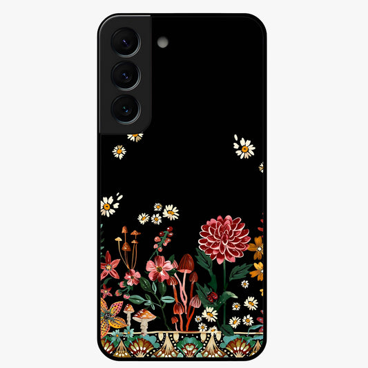 Midnight Bloom Pattern Glass Case showing flat back view with dark floral pattern artwork and glossy glass finish.