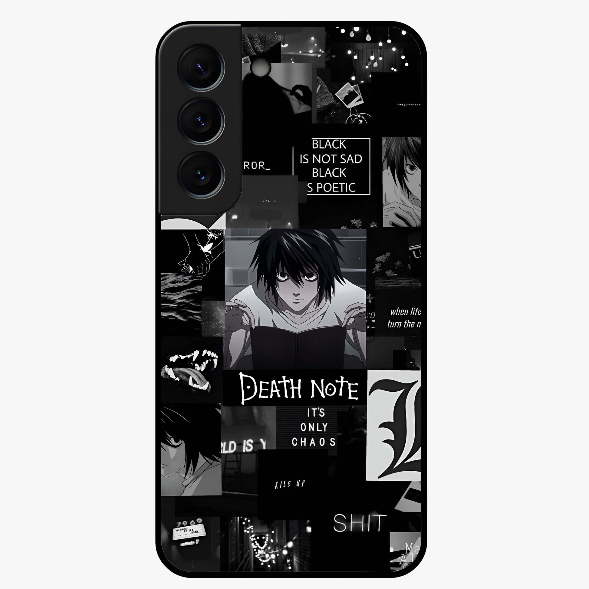 Midnight Chaos Mind Glass Case showing flat back view with abstract dark themed artwork and glossy glass finish.