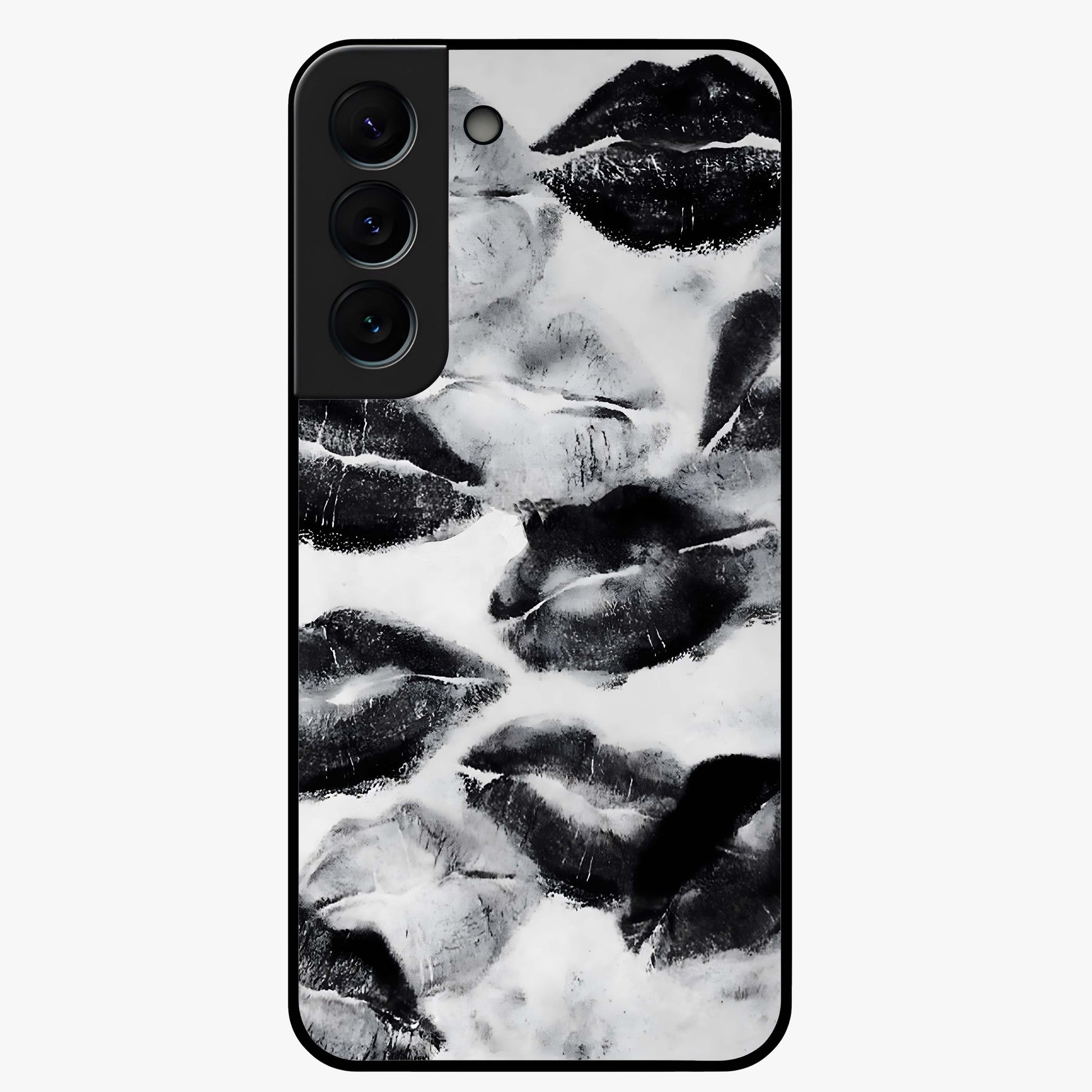 Midnight Kiss Marks Glass Case showing flat back view with lipstick kiss mark artwork and glossy glass finish.