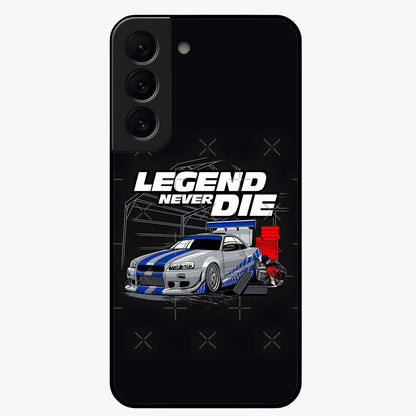 Midnight Racing Legacy Glass Case showing flat back view with sleek racing inspired artwork and glossy glass finish.