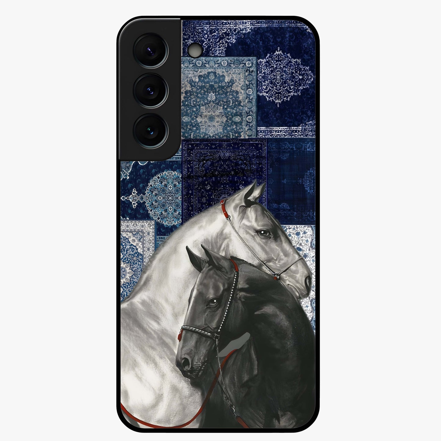 Midnight Stallion Blues Glass Case showing flat back view with majestic horse artwork and glossy glass finish.