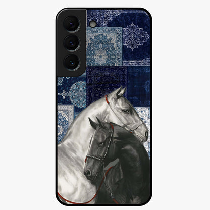 Midnight Stallion Blues Glass Case showing flat back view with majestic horse artwork and glossy glass finish.