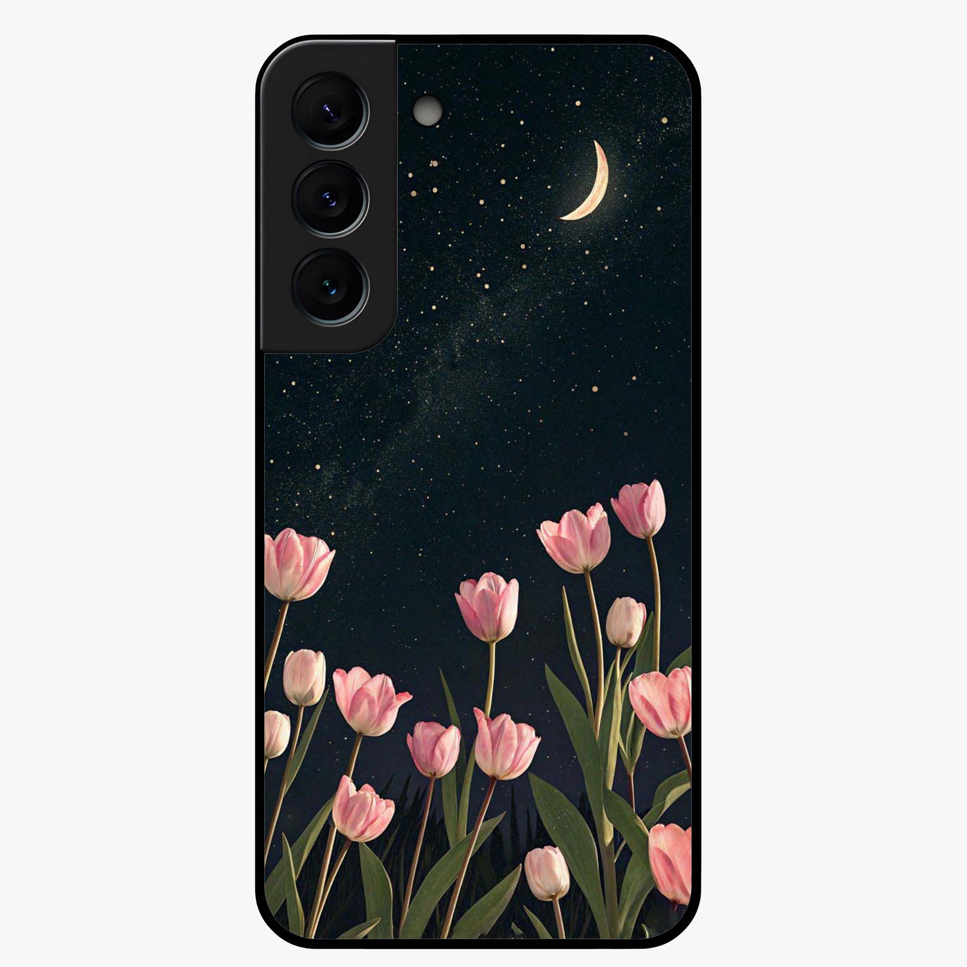 Midnight Tulip Whispers Vibe Glass Case showing flat back view with elegant tulip flower artwork and glossy glass finish.