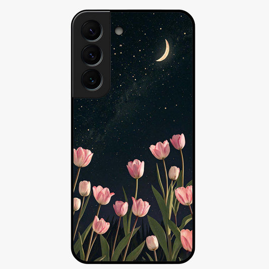 Midnight Tulip Whispers Vibe Glass Case showing flat back view with elegant tulip flower artwork and glossy glass finish.