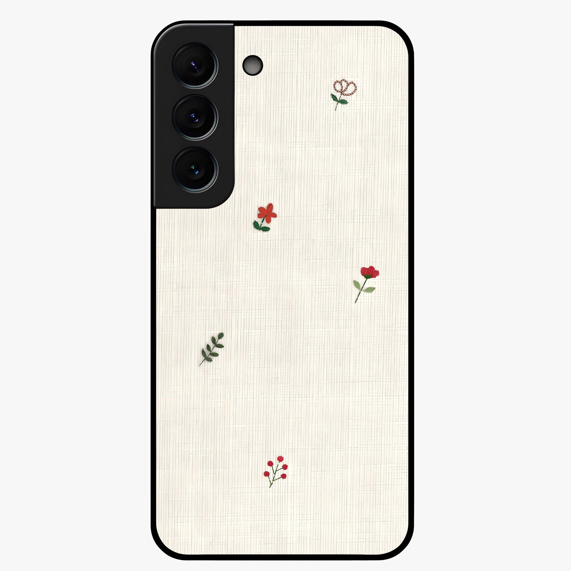 Minimal Petal Whispers Glass Case showing flat back view with soft minimal floral artwork and glossy glass finish.