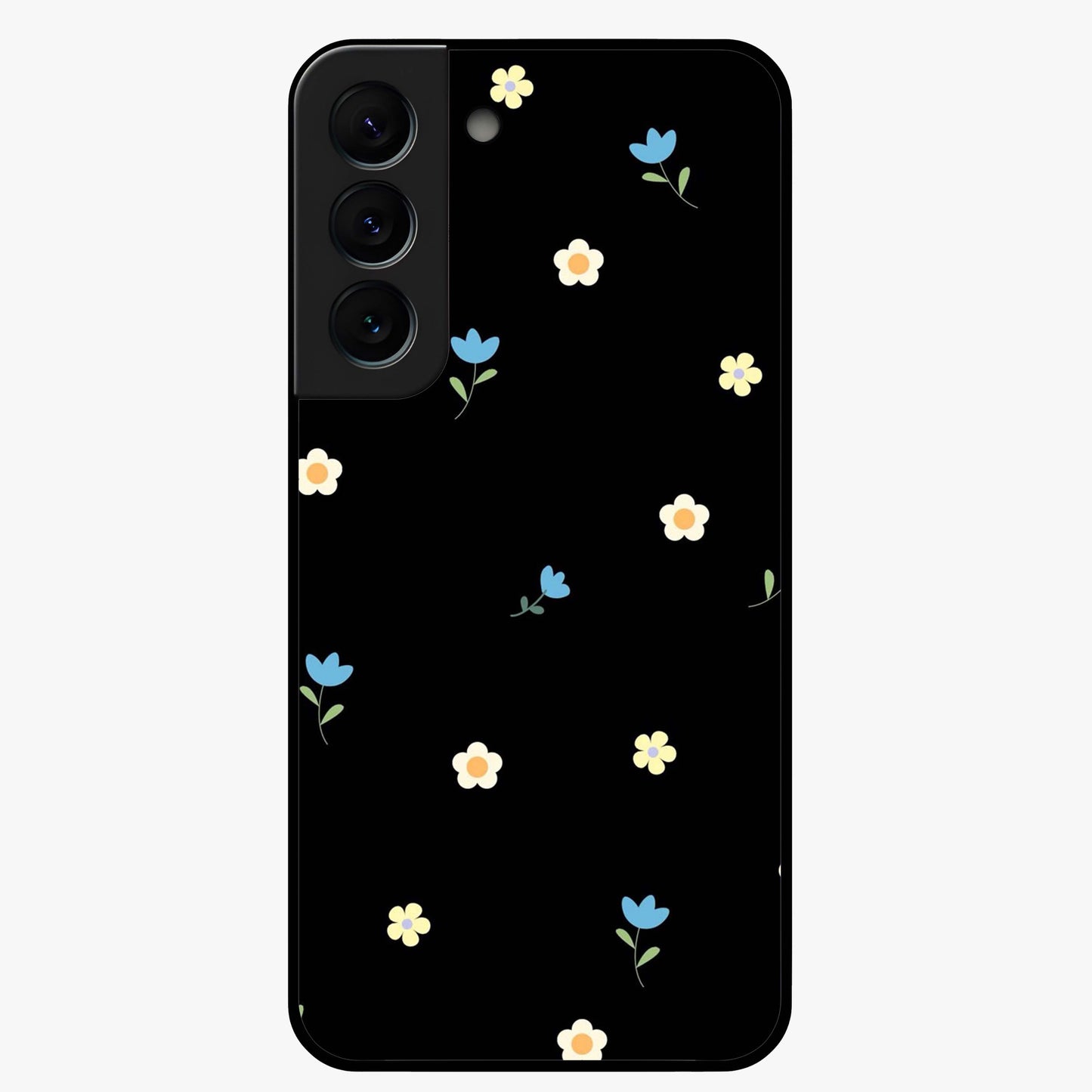 Minimalistic Blue With White Flower Pattern Glass Case showing flat back view with blue background and white flower pattern and glossy glass finish.