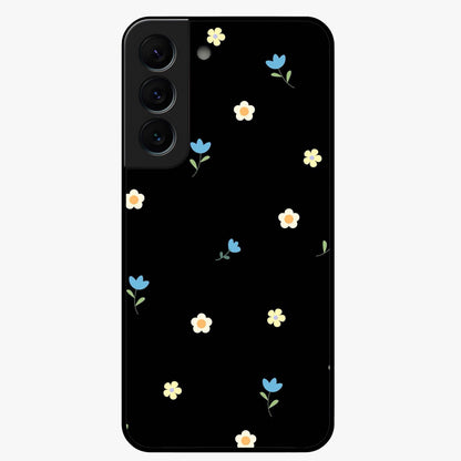 Minimalistic Blue With White Flower Pattern Glass Case showing flat back view with blue background and white flower pattern and glossy glass finish.
